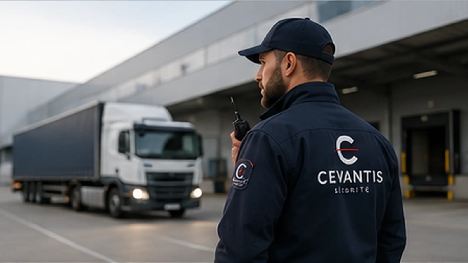 Agent CEVANTIS SÉCURITÉ contrôlant une plateforme logistique.